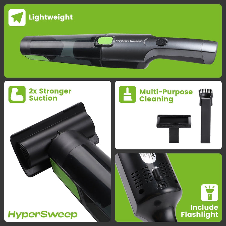 HyperSweep vacuum cleaner with features highlighted on a green background