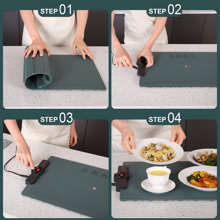 Step-by-step process of using a heating mat for food preparation.