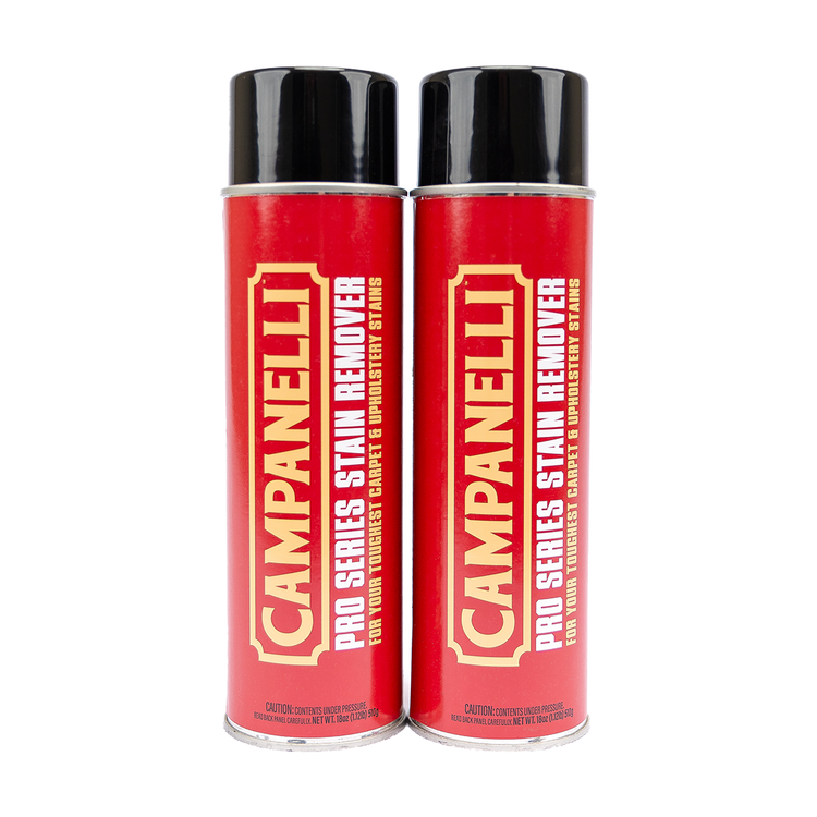 Two red aerosol cans of Campanelli Pro Series Stain Remover against a white background.