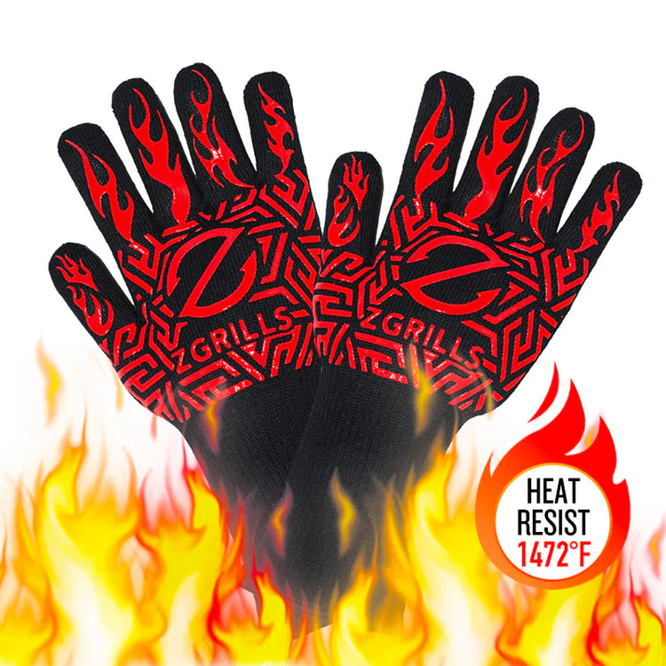 Black gloves with red flame pattern and 'ZGrills' branding, surrounded by flames, on a white background.