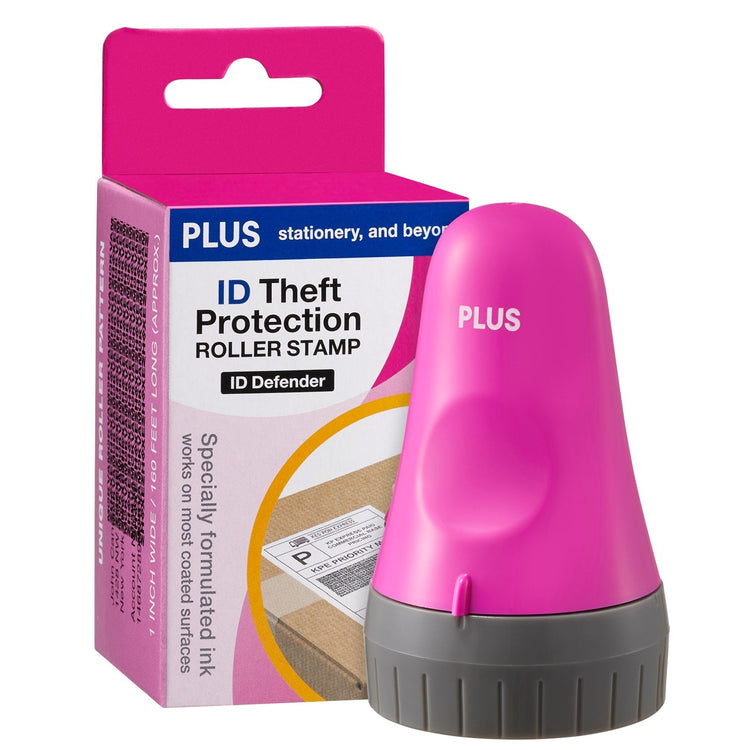 Pink ID theft protection roller stamp with packaging on a white background