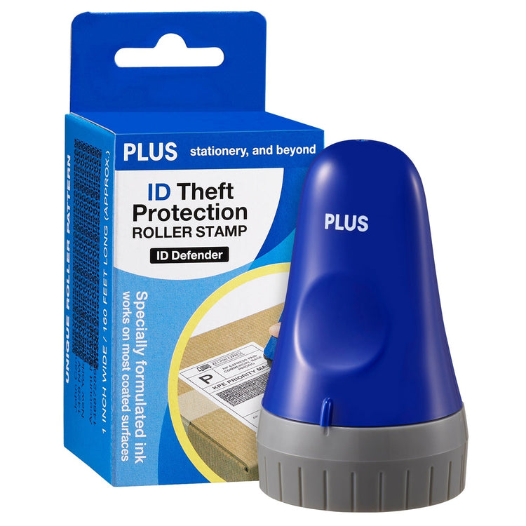 Blue roller stamp with packaging labeled 'ID Theft Protection Roller Stamp' on a white background
