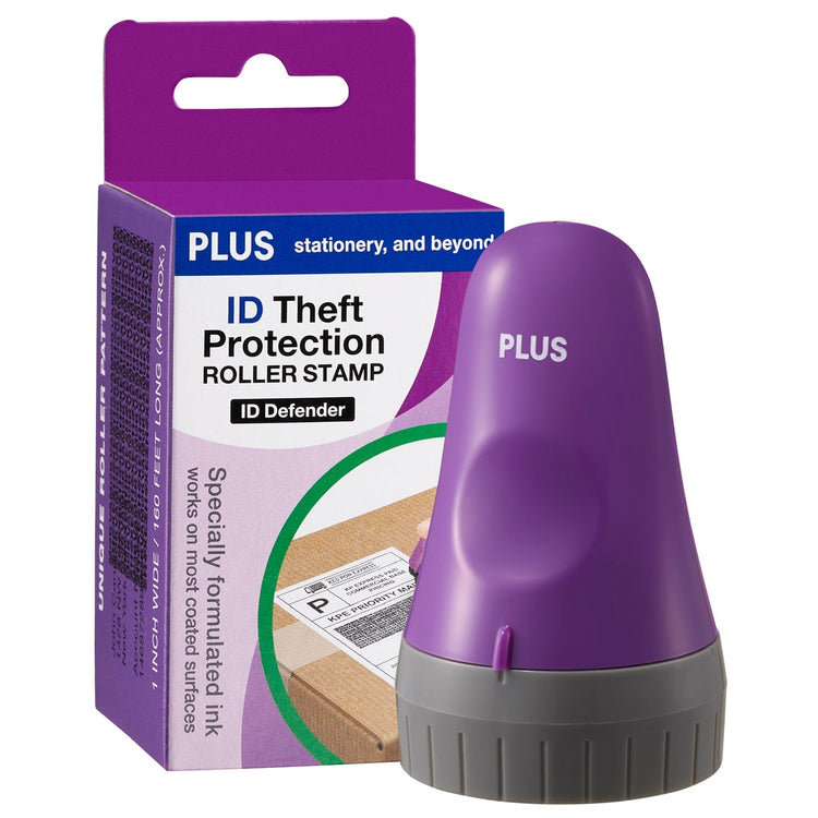 Purple roller stamp with packaging labeled 'ID Theft Protection Roller Stamp' on a white background