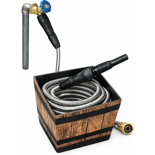 Metal garden hose with various nozzles in a wooden box on a white background