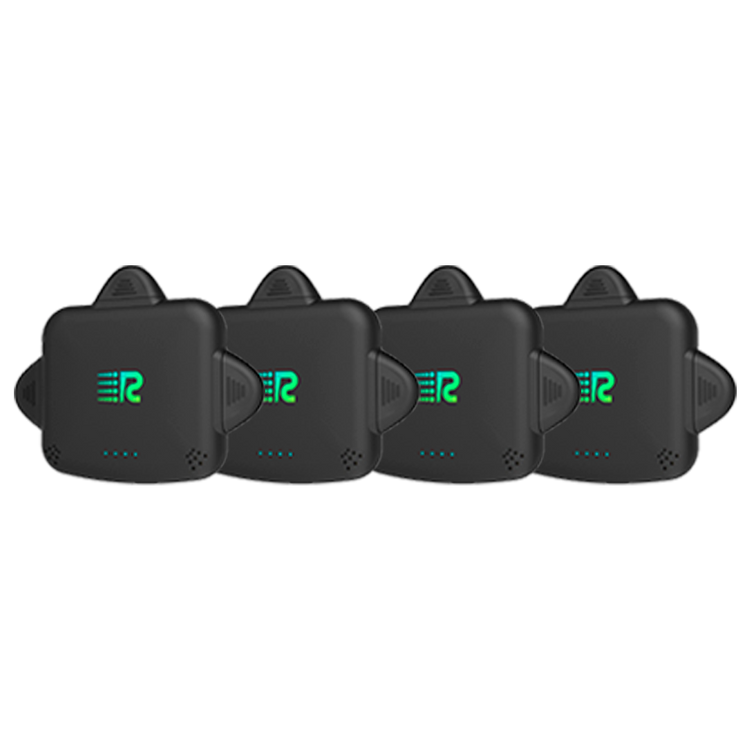 Four rectangular black portable power banks with a green 'R' logo on the front, arranged horizontally.