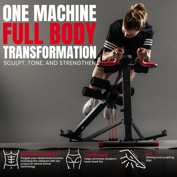 Person using a fitness machine with text about full body transformation on a gray background