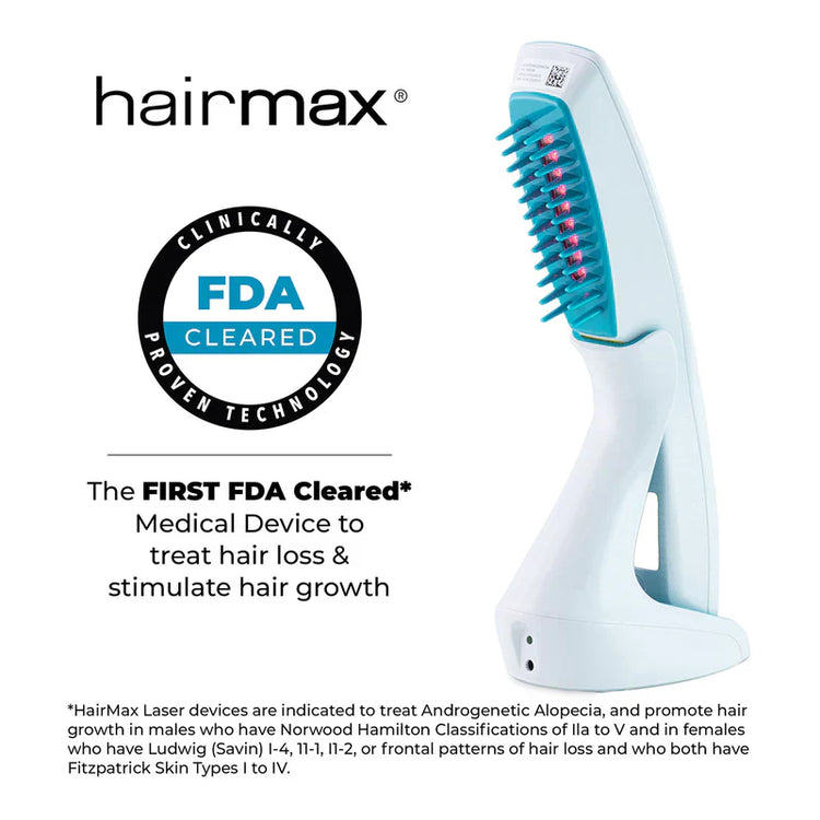 HairMax laser device with FDA cleared badge on a white background