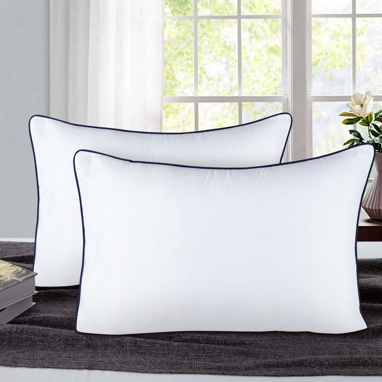 Two white pillows on a dark surface with a window and plant in the background