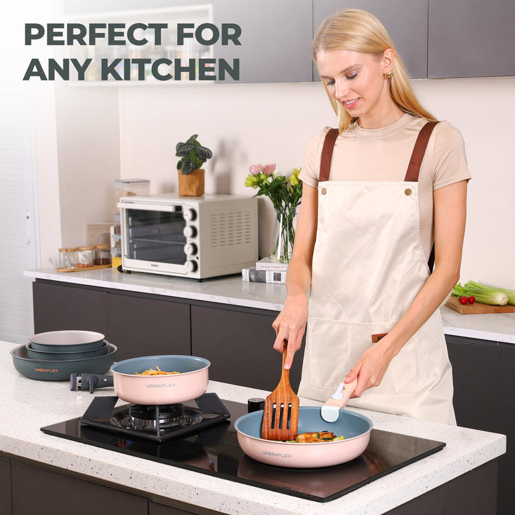 Woman cooking in a modern kitchen with text 'Perfect for Any Kitchen'.