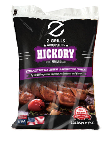 Bag of Z Grills Hickory wood pellets with branding and product details.