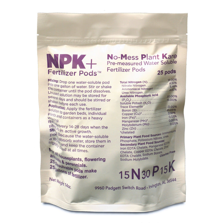 Package of NPK+ No-Mess Plant Care Fertilizer Pods on a white background