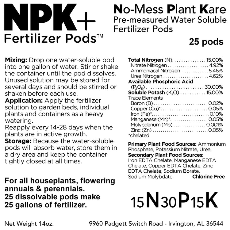 NPK+ Fertilizer Pods packaging with product details and usage instructions.