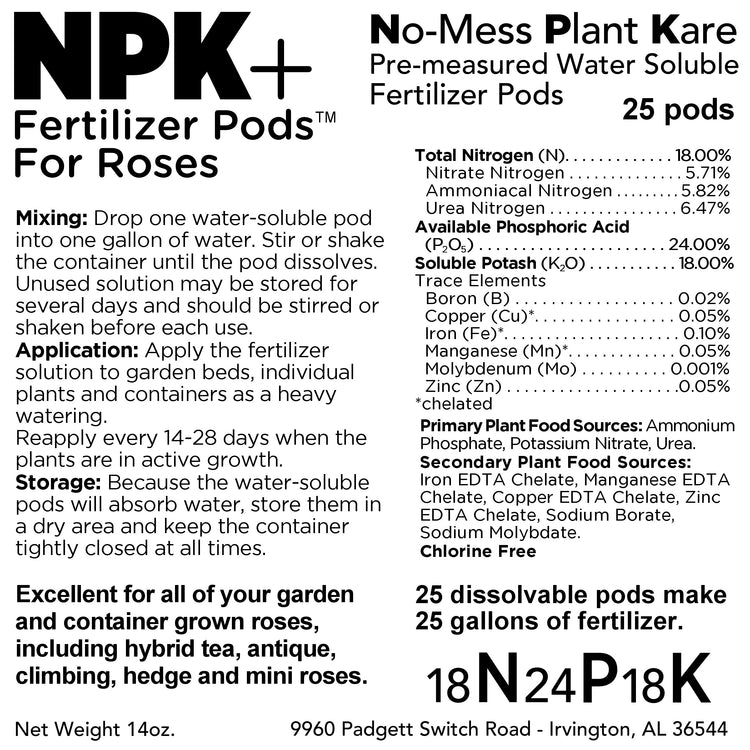 Product label for NPK+ Fertilizer Pods for roses with text and specifications.