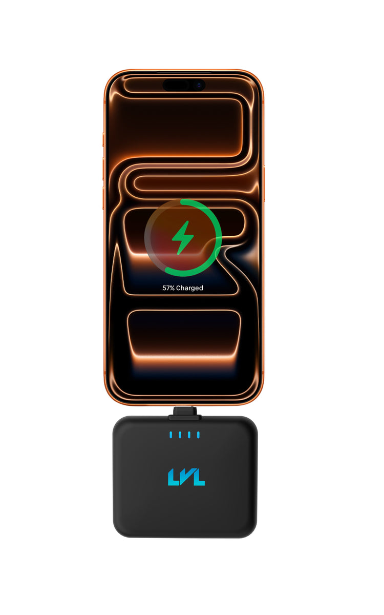 Phone with a charging case displaying charging status on a white background