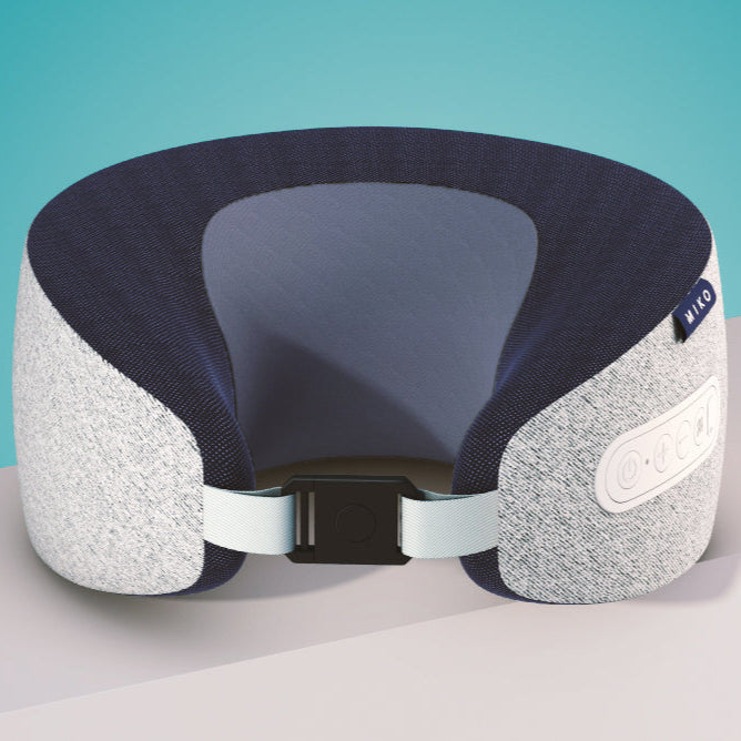 Neck pillow with gray and navy design on a light blue background