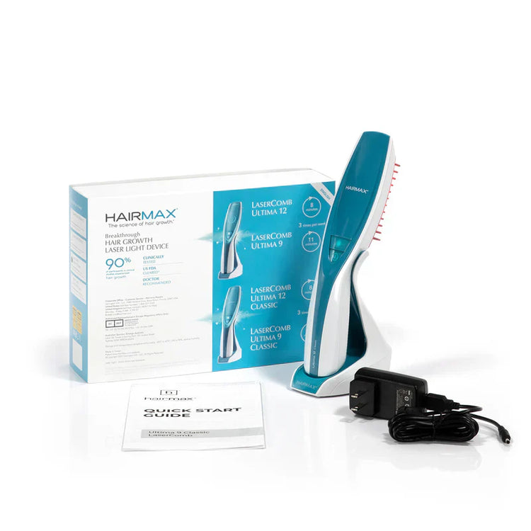 HairMax laser comb with packaging, power adapter, and quick start guide on a white background
