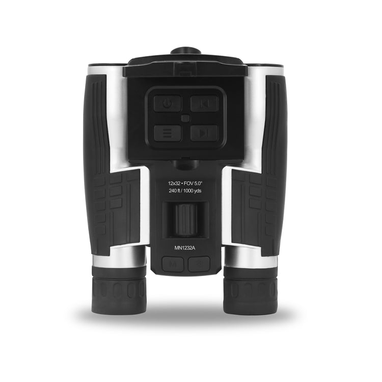 Black and silver binoculars on a white background