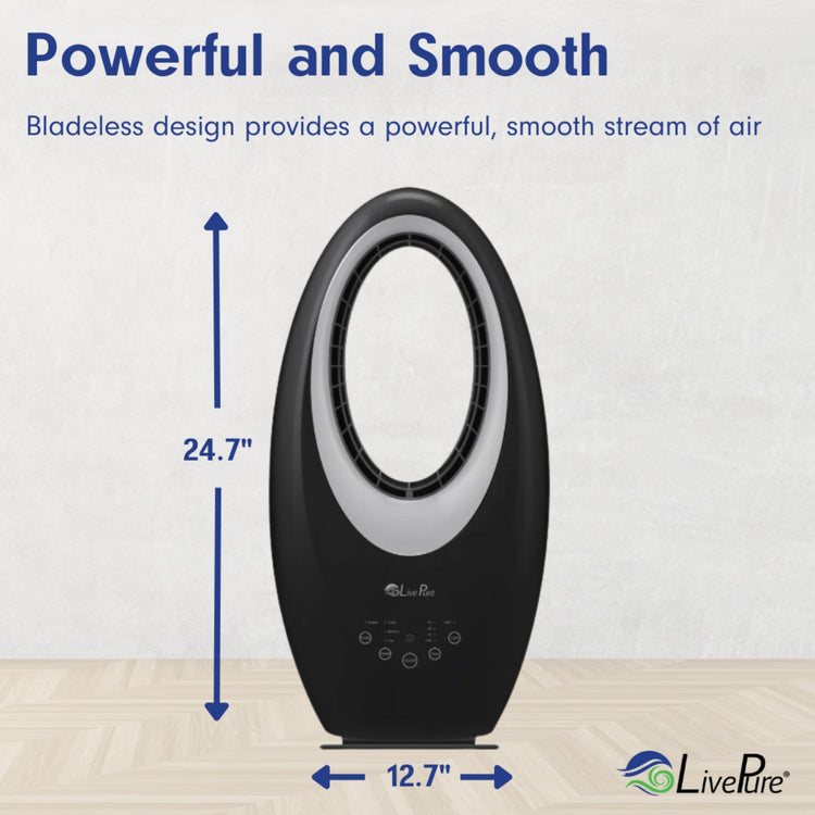 Black bladeless fan with measurements and LIVETURE branding on a light background