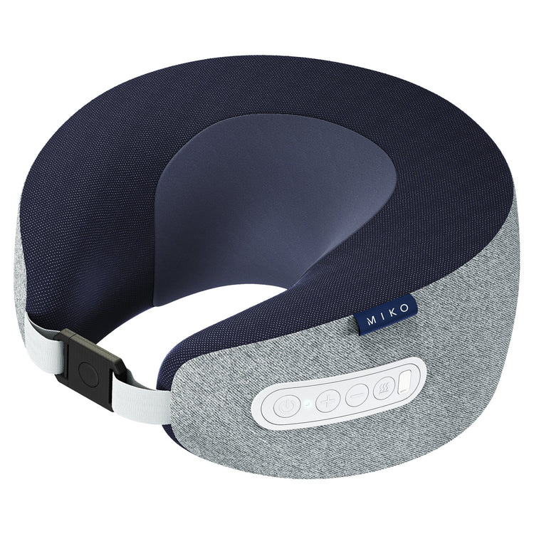 Navy and gray neck pillow with Bluetooth control panel on a white background