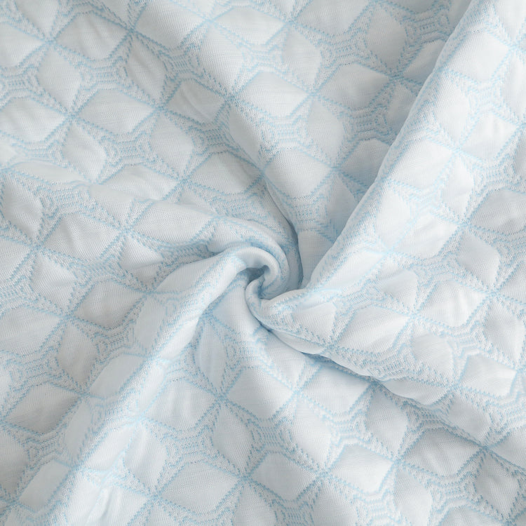 Close-up of a quilt with a blue grid pattern on a white background