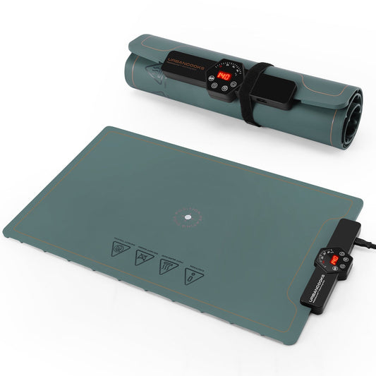 Green heating mat with a controller on a white background
