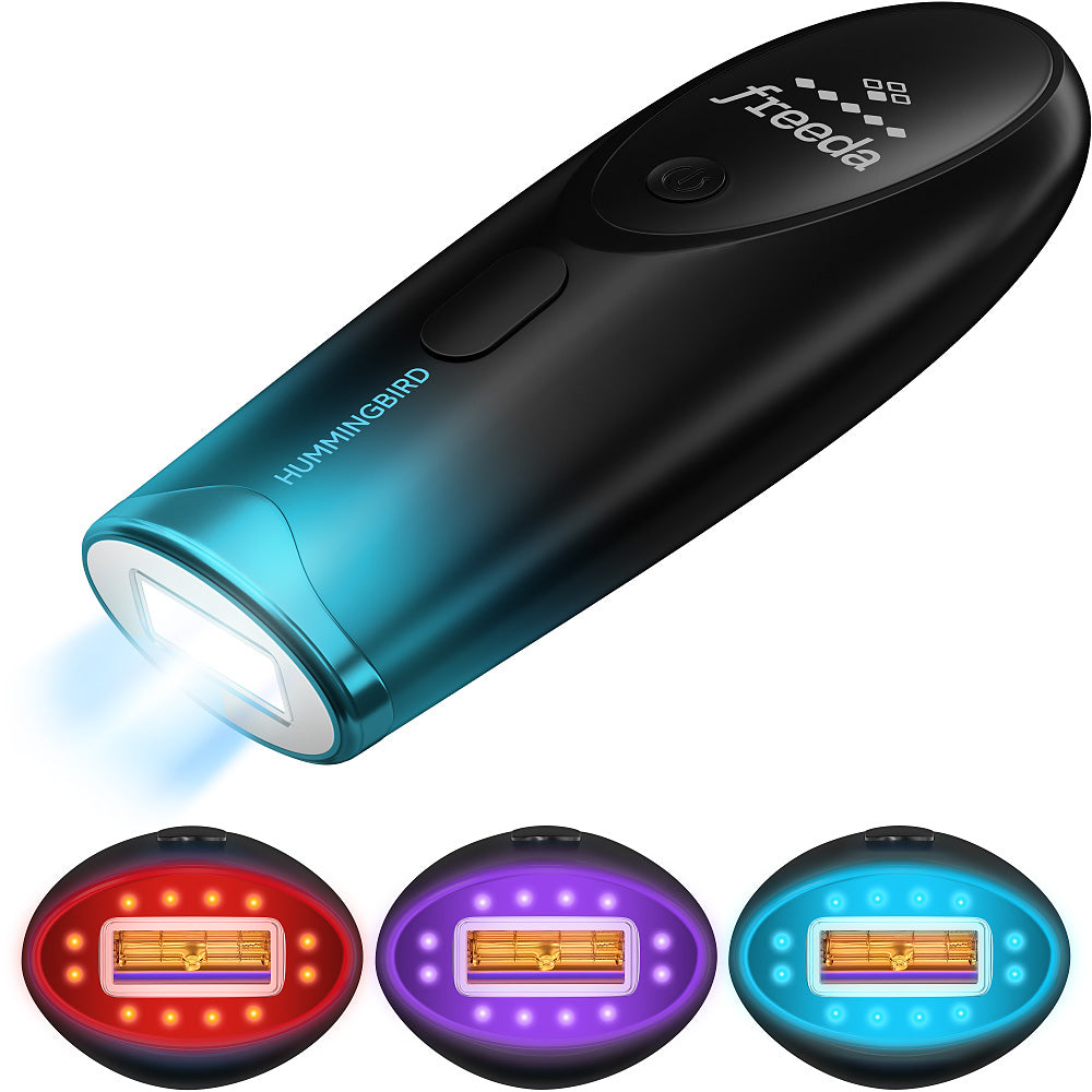 Black and teal flashlight with freeda branding, surrounded by three color options on a white background.