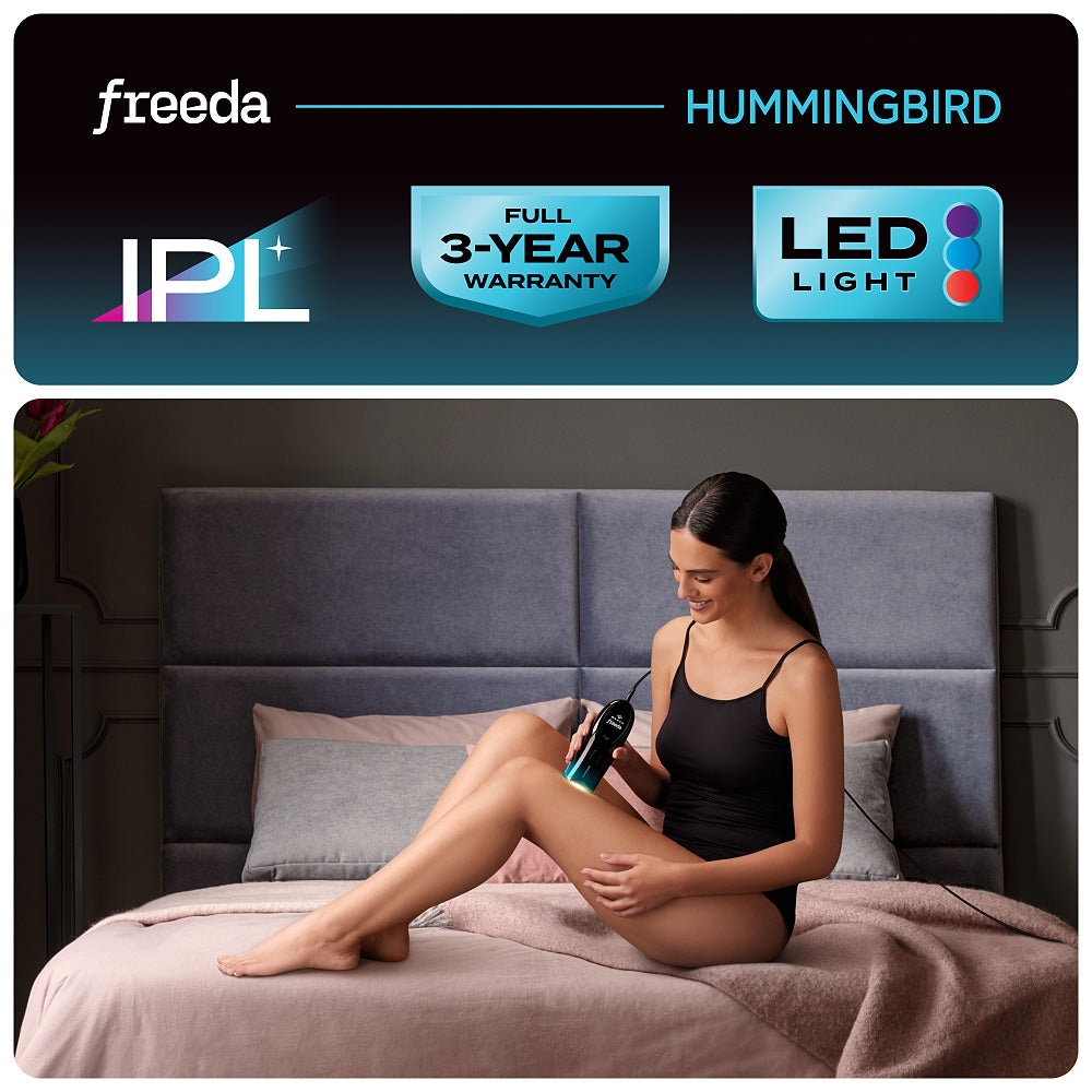 Woman using a freeda Hummingbird IPL device on a bed with product features displayed above.