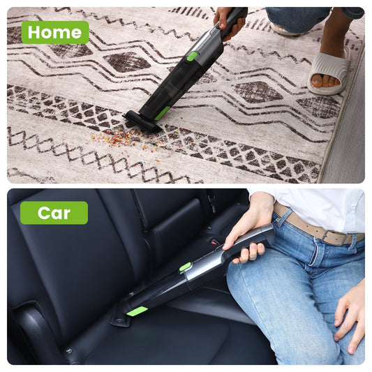 Handheld cordless vacuum cleaner branded HyperSweep on its charging stand, with a green accent and the product packaging box in the background.