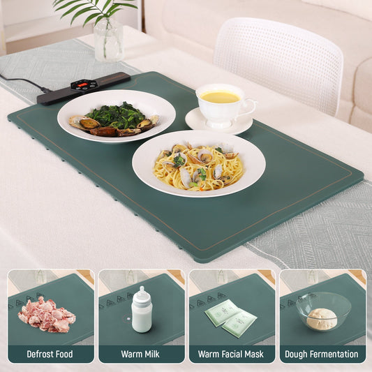 Green heating mat with a controller on a white background