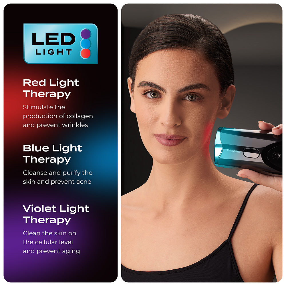 Woman using LED light therapy device on her face with product packaging on the side.