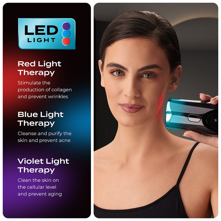 Woman using LED light therapy device on her face with product packaging on the side.