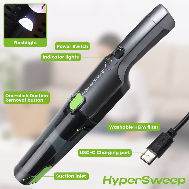 HyperSweep vacuum cleaner with labeled features on a blurred background