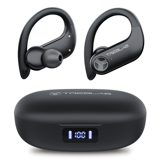 Black wireless earbuds with charging case on a white background, featuring the Treblab brand.