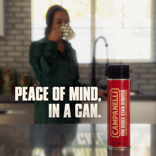 A red aerosol can of Campanelli Pro Series Stain Remover with black and yellow label text.