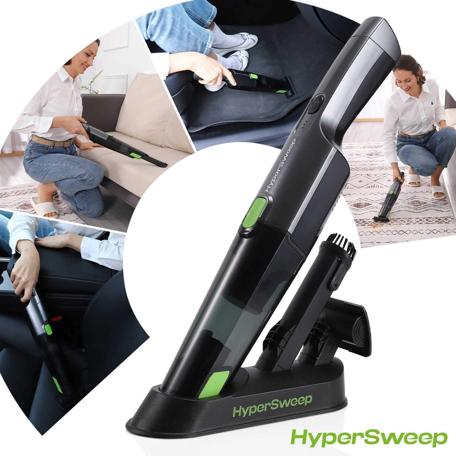 HyperSweep vacuum cleaner with multiple uses including car cleaning, office cleaning, and home cleaning.