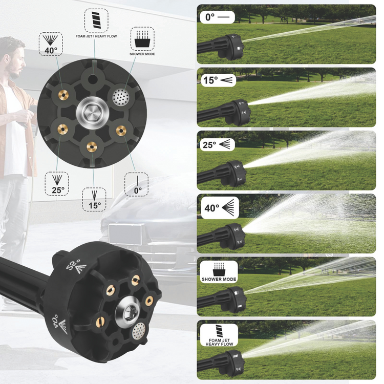 Sprinkler head with adjustable spray patterns and settings displayed on a white background.