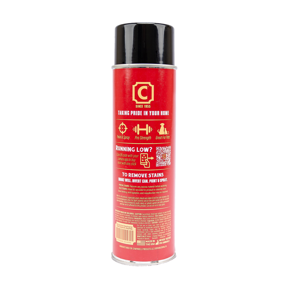 Red spray can with black lid on a white background