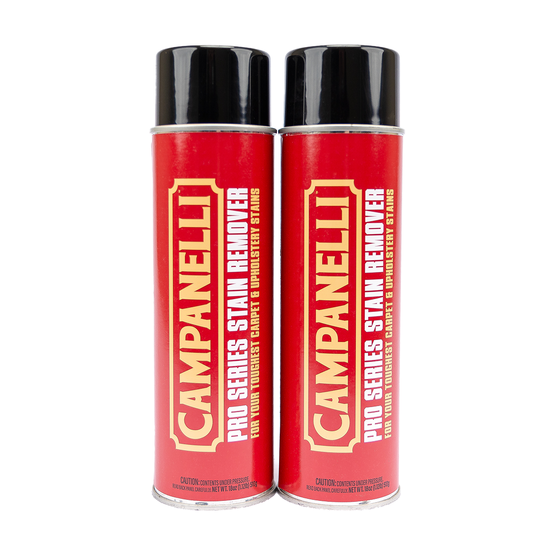 Two red aerosol cans of Campanelli Pro Series Stain Remover against a white background.