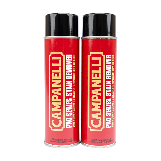 Two red aerosol cans of Campanelli Pro Series Stain Remover against a white background.