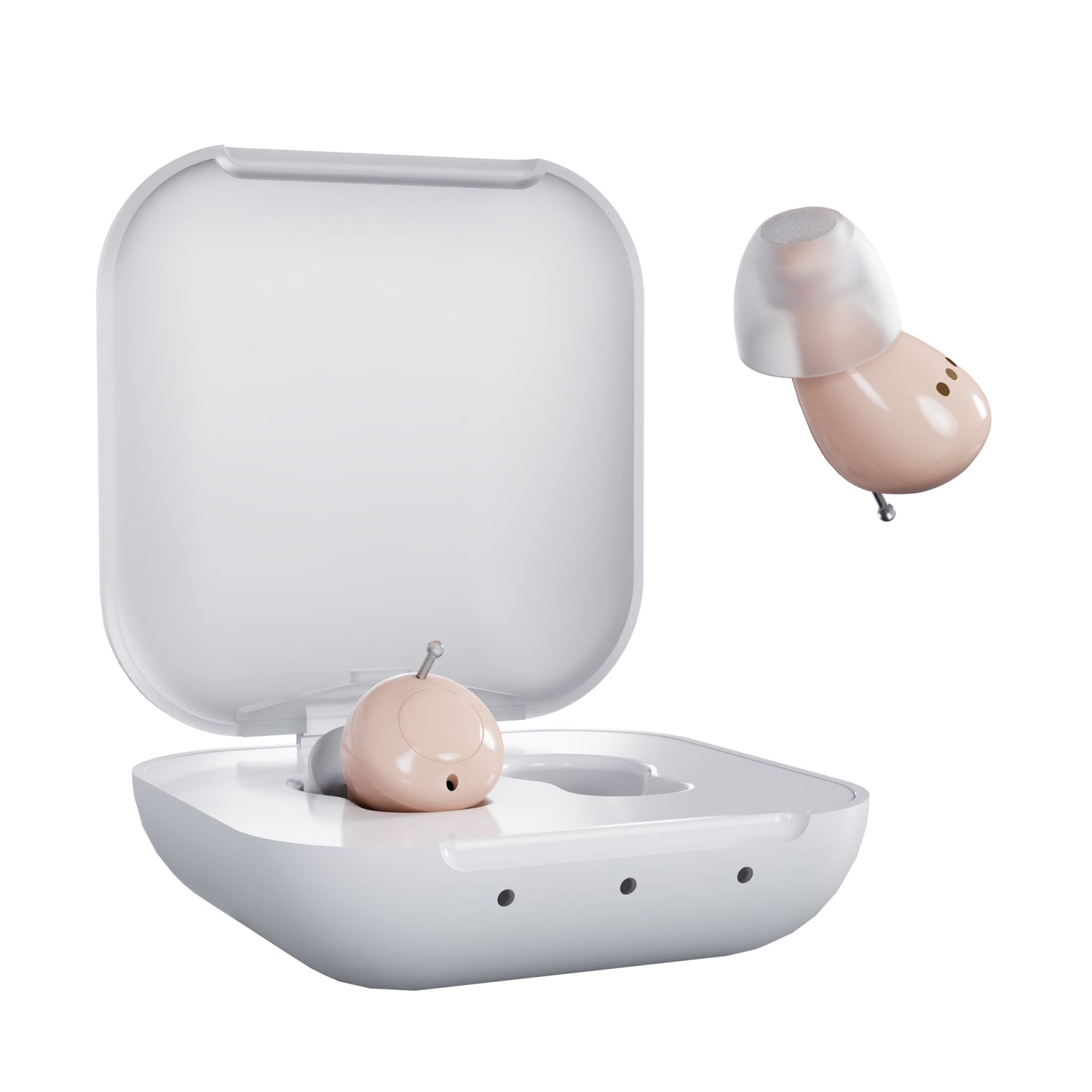 A pair of beige Audien Atom 2 hearing aids with a charging case open and one hearing aid inside, along with a depiction of the other hearing aid outside.