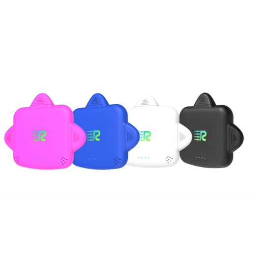 Four portable battery chargers in different colors: pink, blue, white, and black, each with a label displaying the brand.