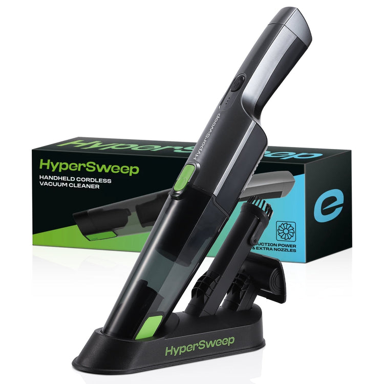 Handheld cordless vacuum cleaner with packaging on a white background