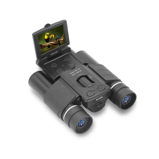 Black Minolta 10x25 4K UHD Digital Binoculars with a display screen on the right side, showing a bird image.