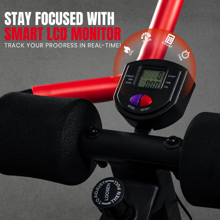 Close-up of a red and black exercise bike with a digital monitor on a gray background.