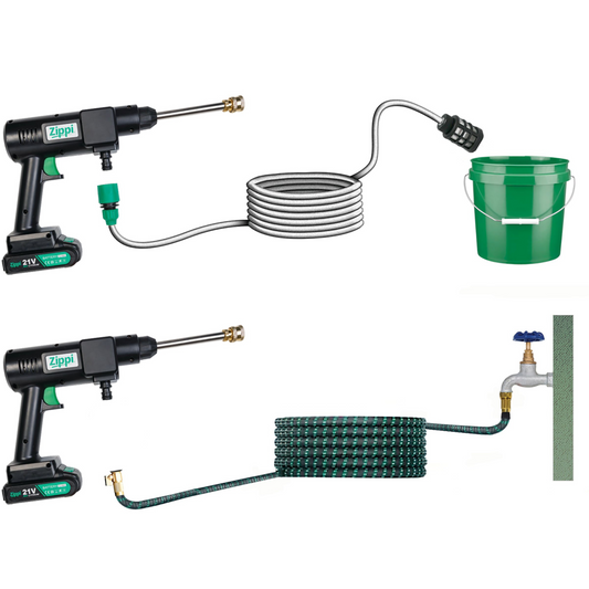 A Zippi Hydro Cleaner Deluxe with a black color scheme, including a gun handle, hose, nozzles, a carrying case, and other accessories.
