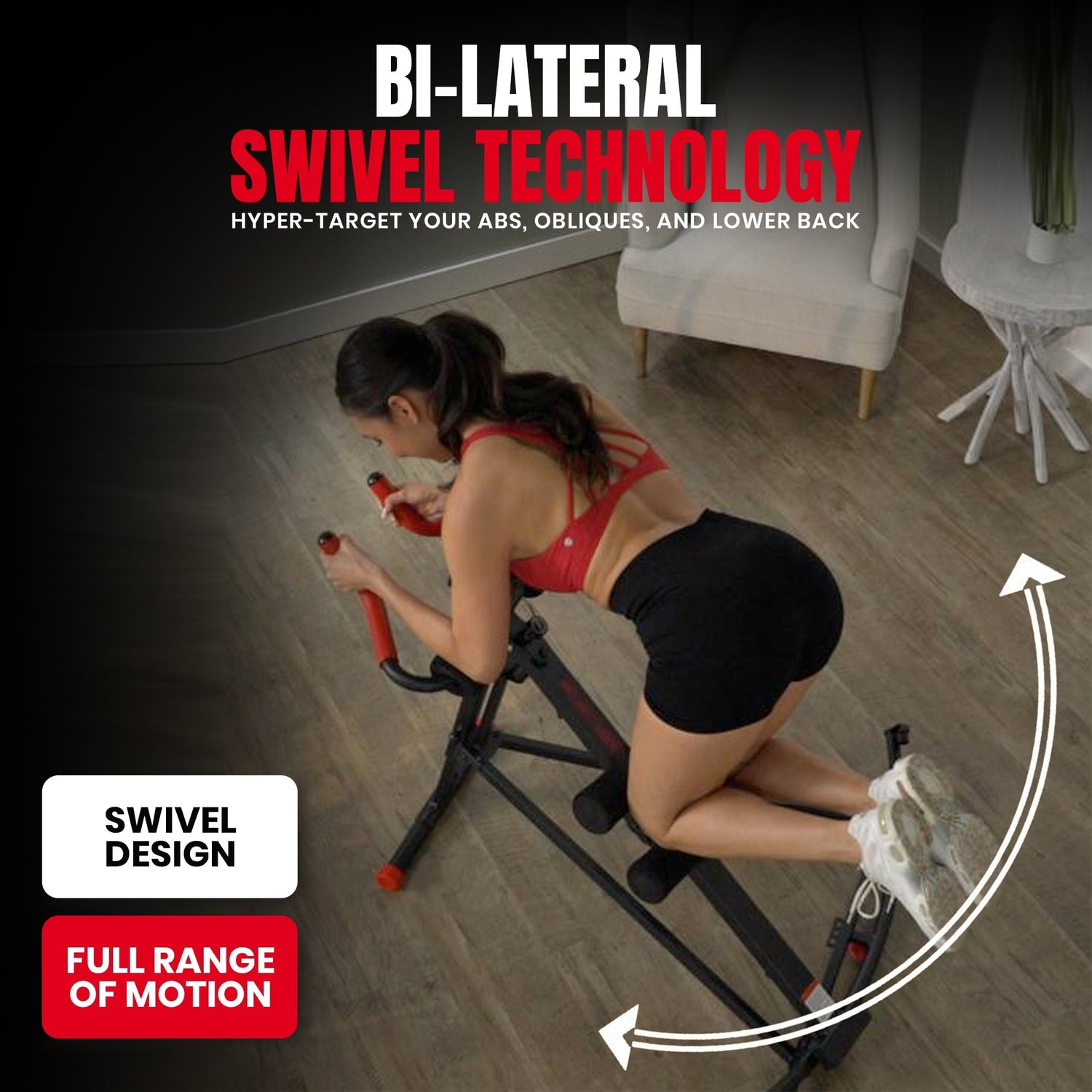 Woman exercising on a fitness machine with text highlighting bi-lateral swivel technology.