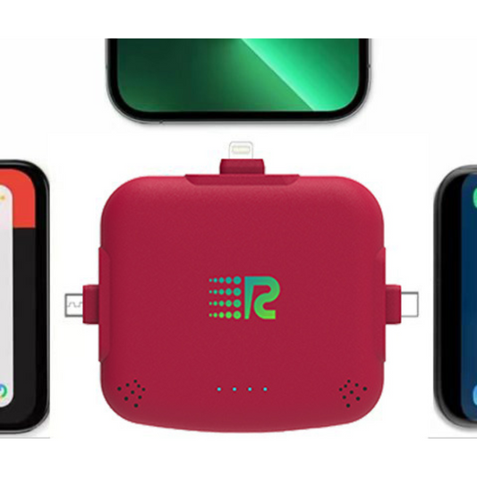 An 8-pack of Rush Charge Universe chargers in all available colors: black, white, blue, red, purple, pink, gold, and grey.