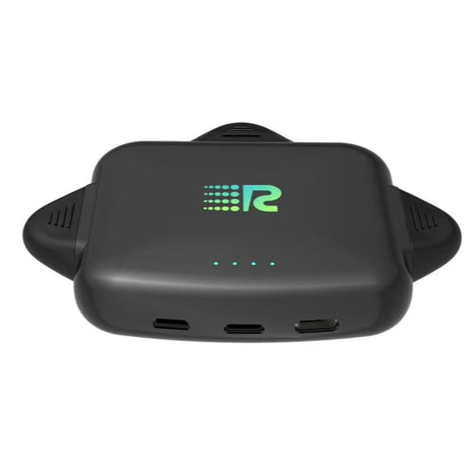 Four rectangular black portable power banks with a green 'R' logo on the front, arranged horizontally.