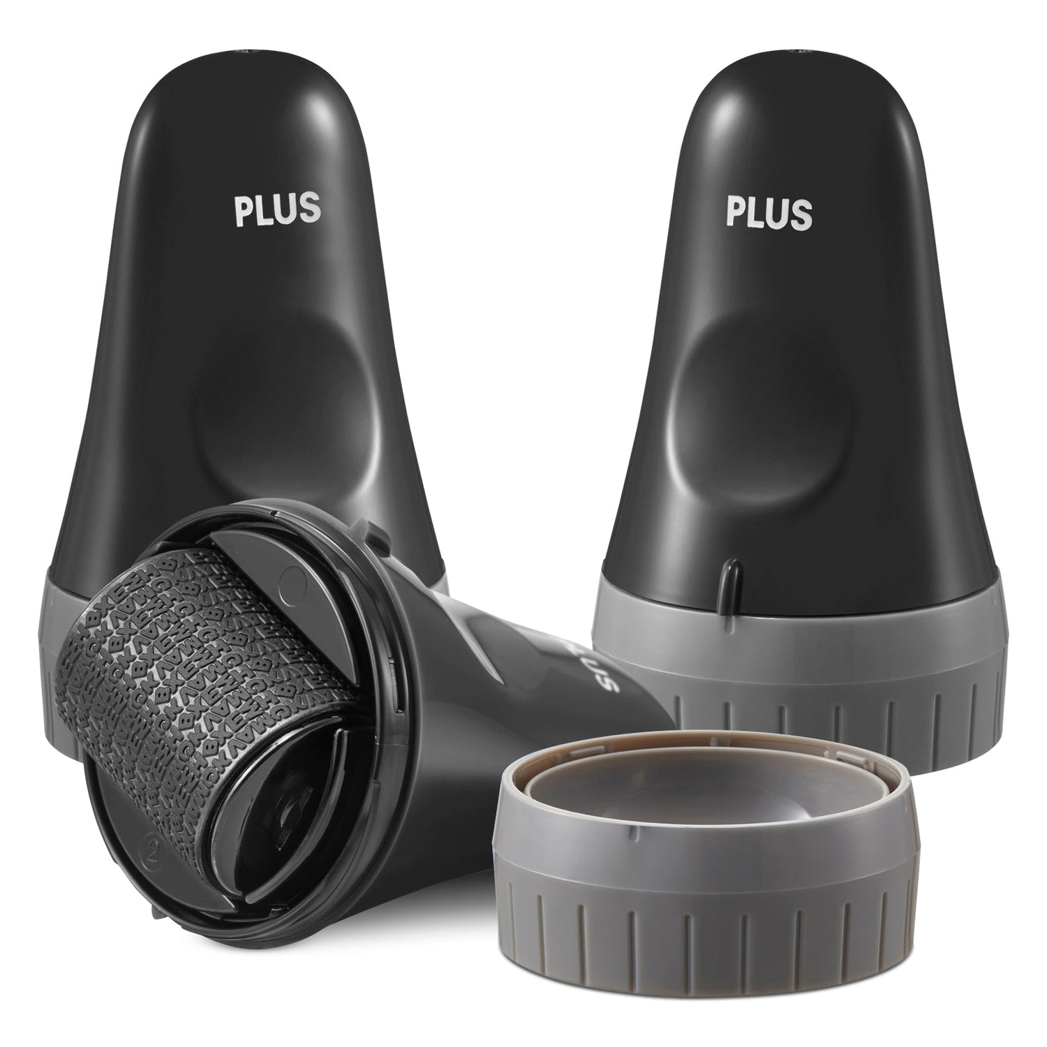 A set of four ID Defender rollers in pink, black, blue, and purple colors with a 'PLUS' sign on each.