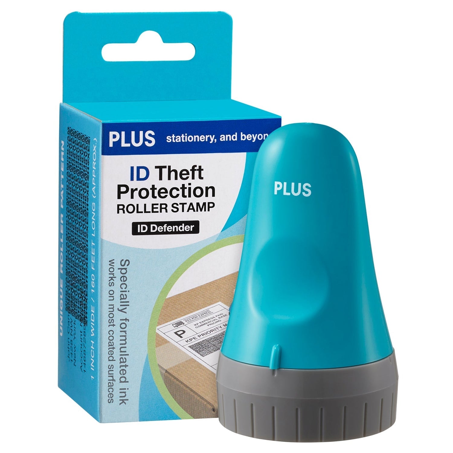 Blue roller stamp with packaging labeled 'ID Theft Protection Roller Stamp' on a white background